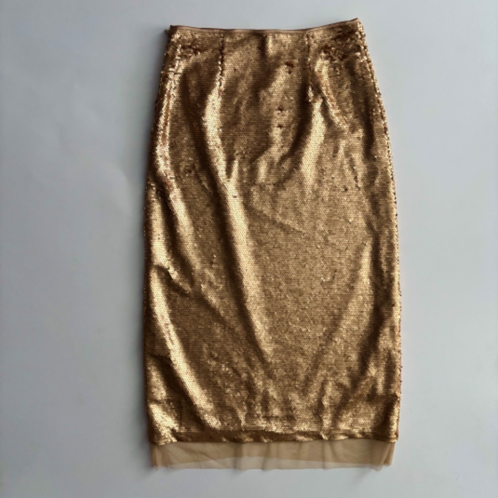 Le' AL.X Nwt Gold Sequin A-Line Mesh Trim Midi Coordinating Skirt 8 - Picture 4 of 5